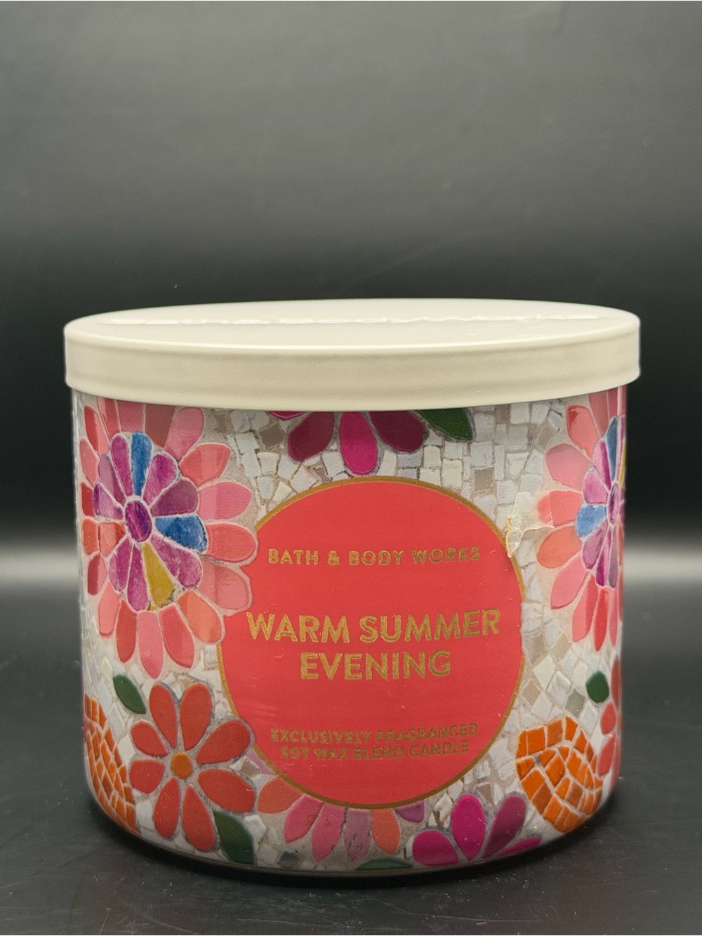Bath & Body Works Warm Summer Evening 3-Wick Candle - Coral Floral Mosaic Design
